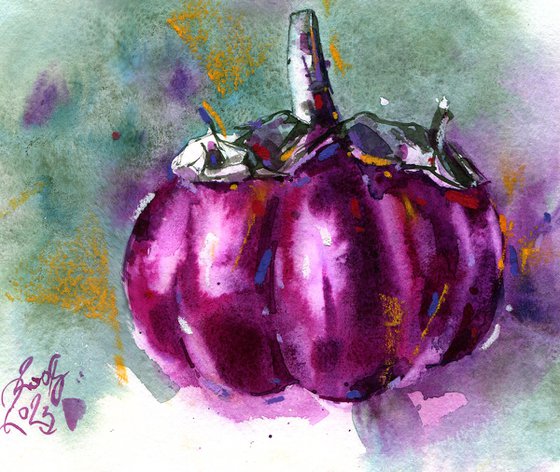 "Eggplant. Harvest Time" - Textured abstract botanical mixed media artwork in bright purple colors