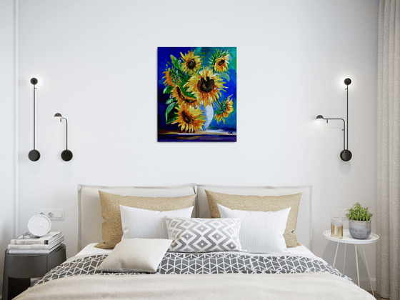 BOUQUET OF SUNFLOWERS inspired by VINCENT VAN GOGH . palette knife modern  oil still life painting on blue purple pink yellow Dutch style office home decor gift