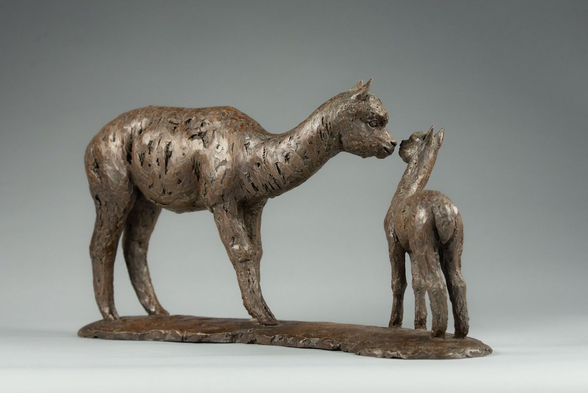 Animal Sculpture By Tanya Russell, 12 X 8", Alpaca And Cria Bronze Resin, Original Artwork