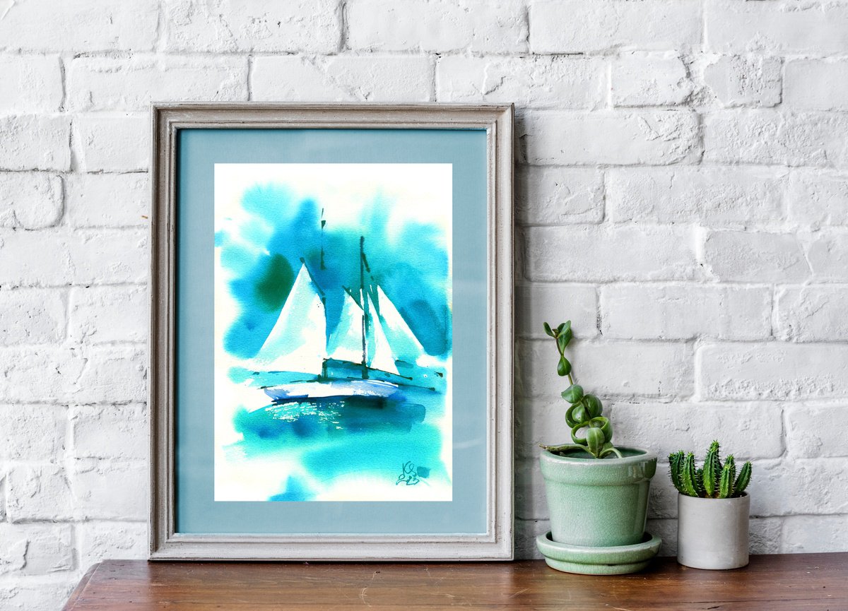 White sailboat in the turquoise sea abstract summer watercolor by Ksenia Selianko