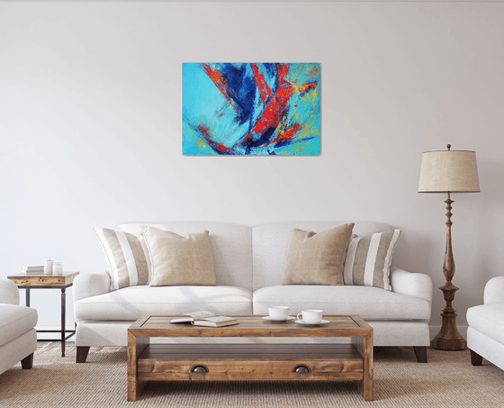Large Abstract Blue Teal Red Landscape Painting. Modern Textured Art. Abstract. 61x91cm.