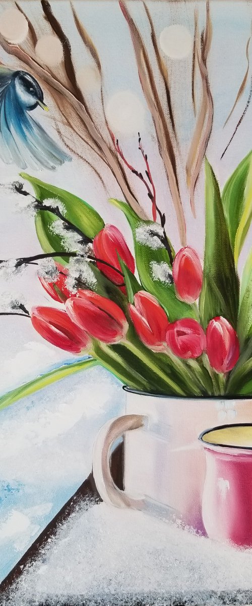 Tulips. Mothers Day Gift. Gift for Mom. Spring landscape. Wall Art. Spectacular Oil Painting on Canvas. Home Decor. by Alexandra Tomorskaya/Caramel Art Gallery