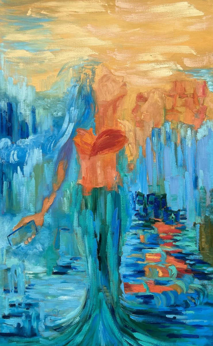 Surrealistic Abstract Oil Painting By Geeta Yerra, 35 X 56, Connectedness 4, Original Artwork