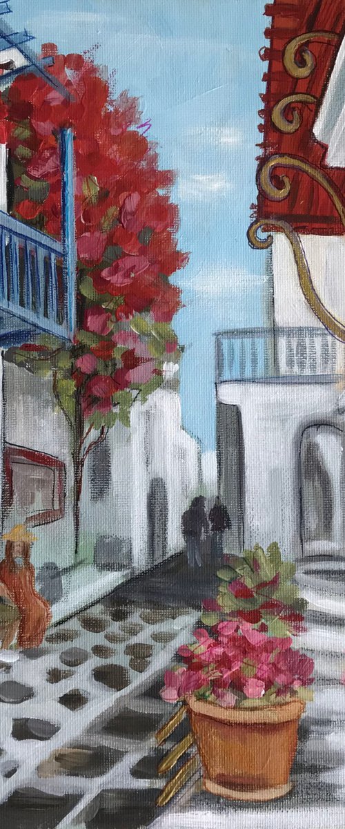 Greece artwork, acrylic cityscape Mykonos 22x28cm by Leysan Khasanova