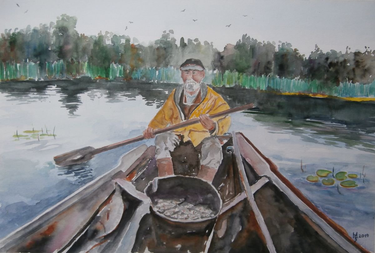 Impressionistic Watercolour , Fisherman By Zoran Mihajlovic Muza, 19 X 13, Artwork For Sale On Artfinder