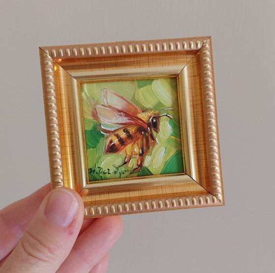 Bee art oil painting original 2x2 inc, Bee artwork green pink in frame, Honey bee wall art tiny, Dad gift