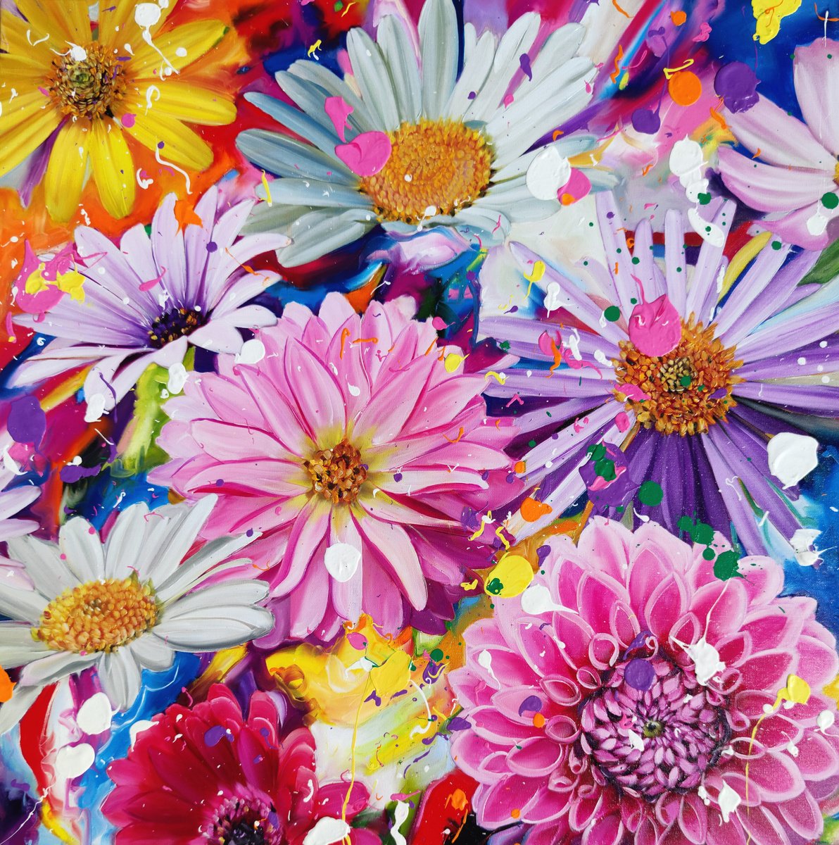 Photorealistic Botanical Oil Painting By Angie Wright, 31 X 31, Flower Fizz, Original Artwork