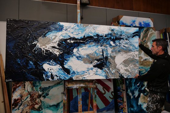 Midnight Rapture 240cm x 100cm Blue White Abstract Art