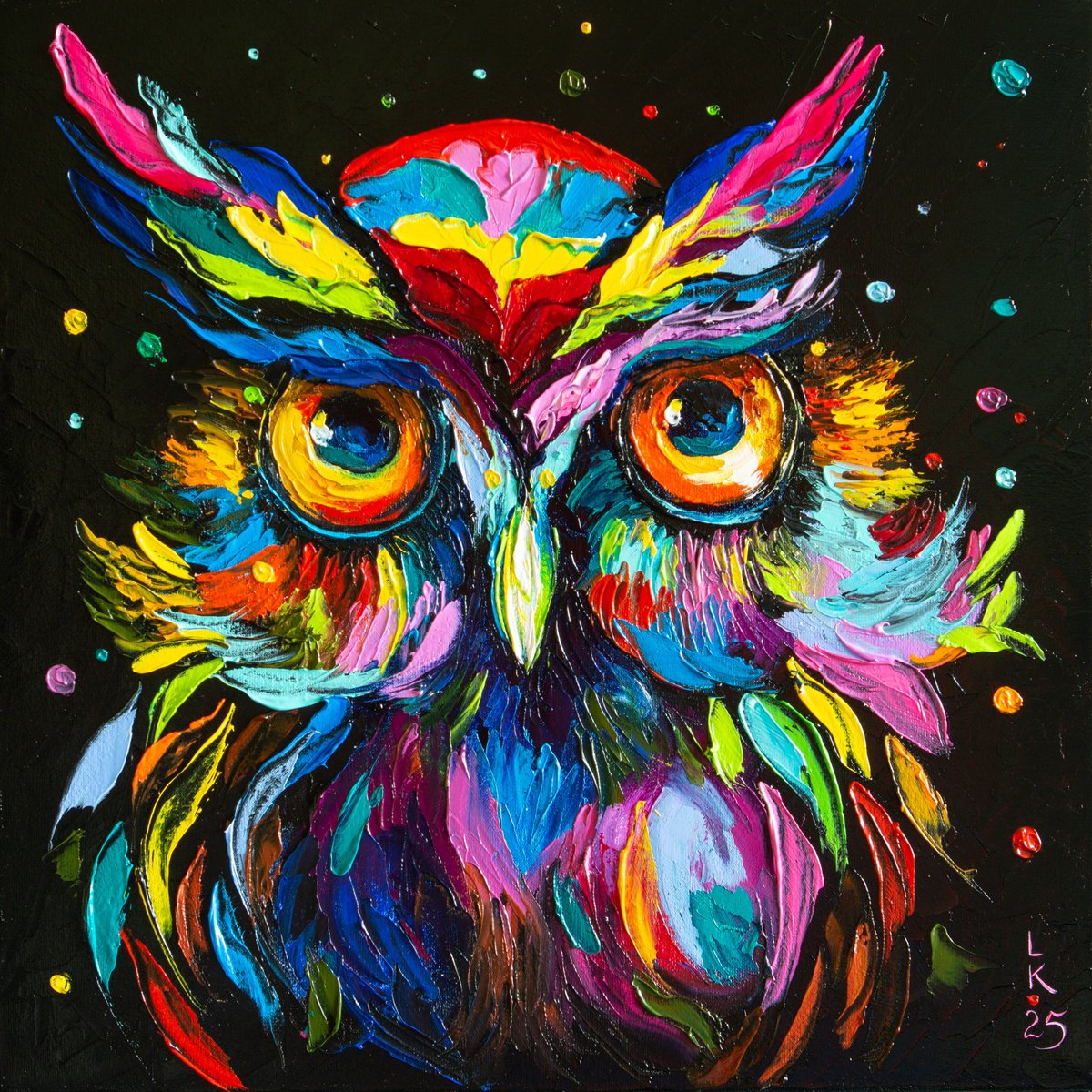 Animal Oil Painting By Liubov Kuptsova, 16 X 16", Mystic Owl, Original Artwork