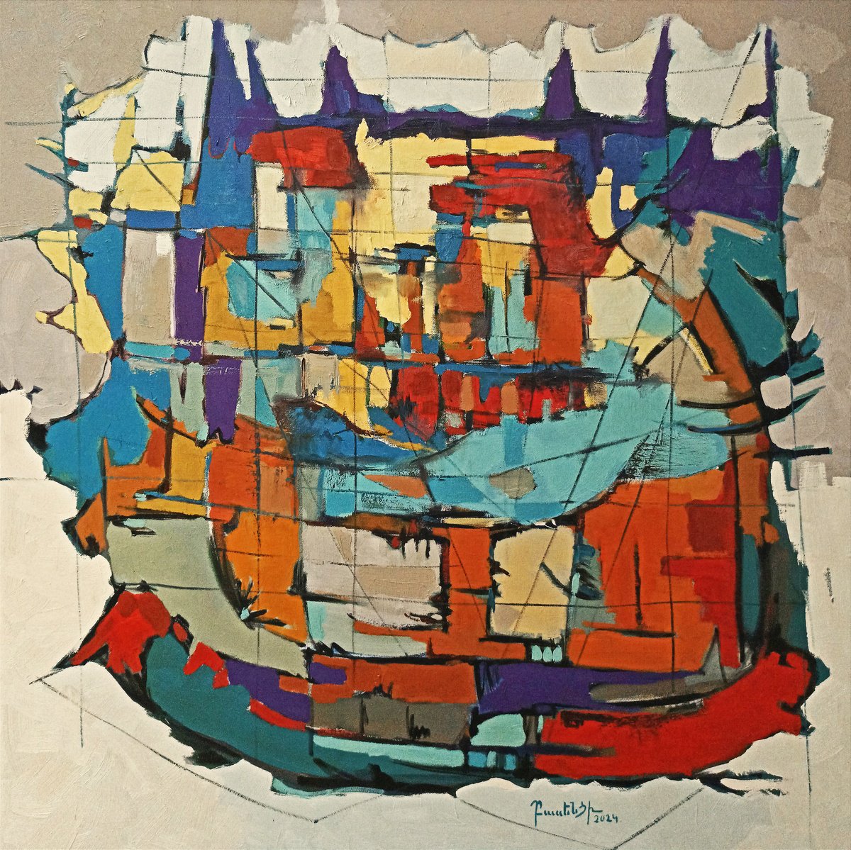 Abstract Oil Painting By Artyom Basenci, 39 X 39, Constructed Harmony, Original Artwork