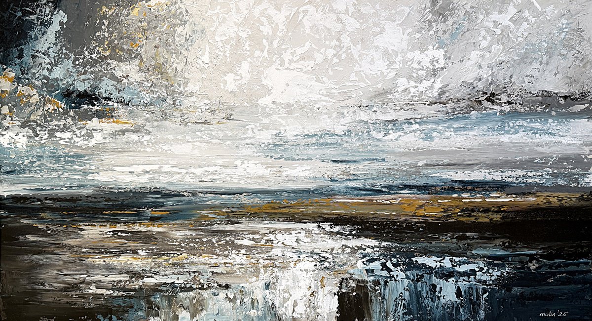 Organic Landscape Acrylic Painting By Tatiana Malinovscaia, 37 X 20", Silent Currents, Original Artwork