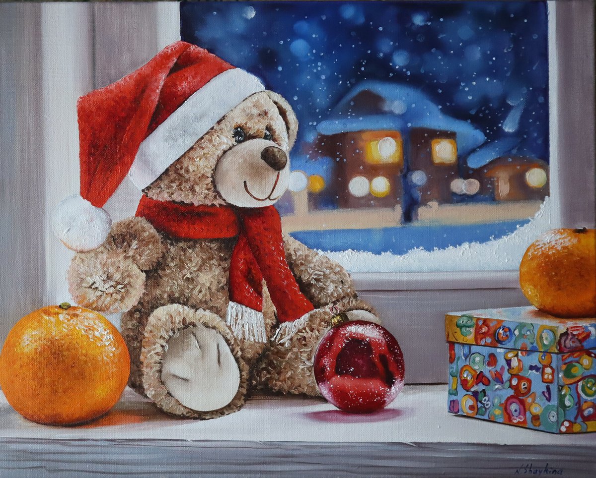 Photorealistic Oil Painting , Christmas Teddy Bear By Natalia Shaykina, 20 X 16, Artwork For Sale On Artfinder