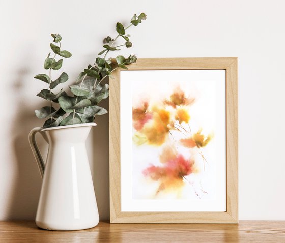 Yellow abstract flowers watercolor painting set of 2