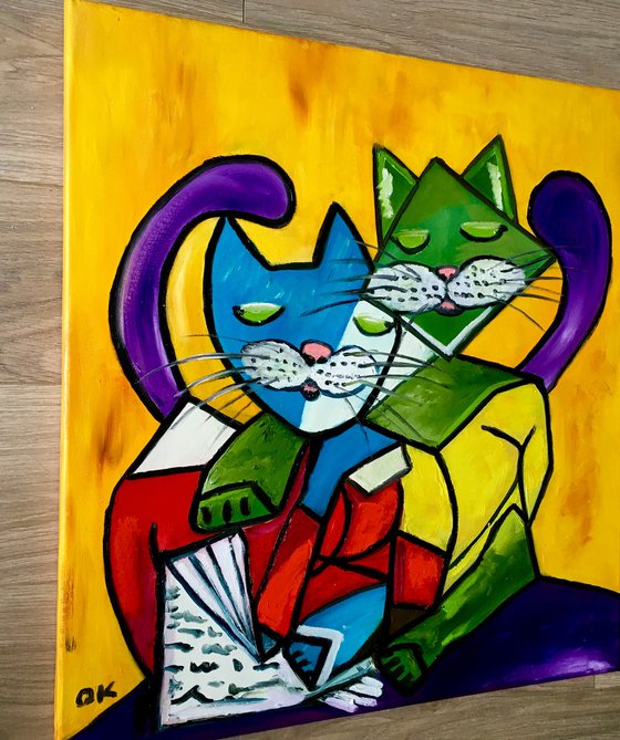 Cat version of “Two girls reading” by Pablo Picasso. Painting  for cat lovers.