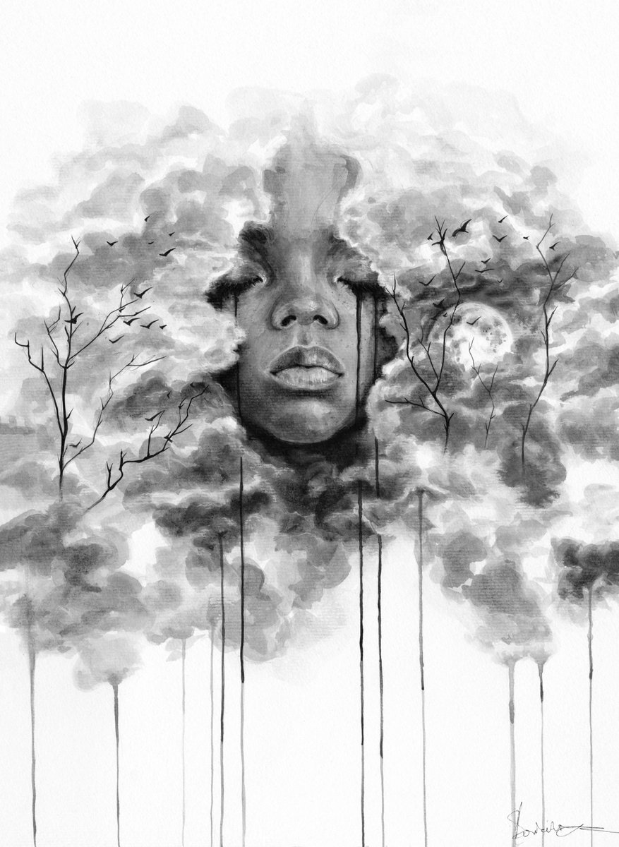 Expressive Portrait Ink Drawing By Doriana Popa, 12 X 16, When It Rains, Original Artwork