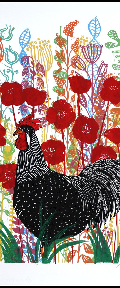 Black Rooster in the Poppies by Mariann Johansen-Ellis