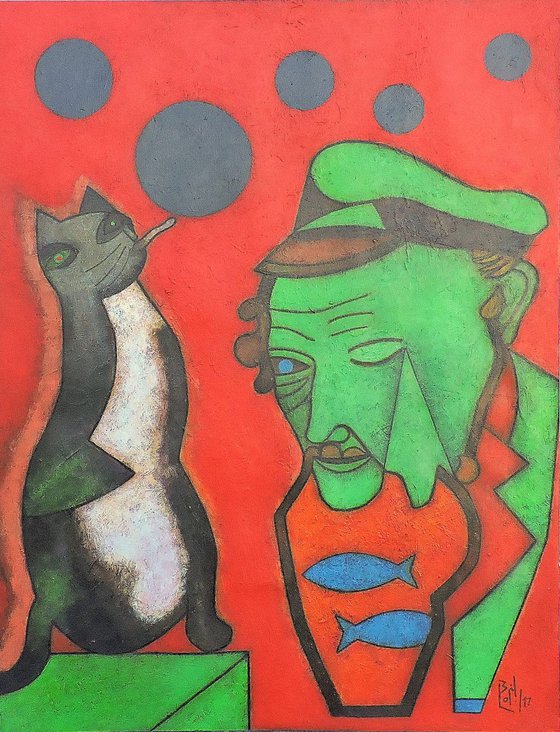 Popota the cat planning the gray five-year period (Tribute to Chagall)