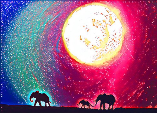 original abstract animal art print "Elephants on Rainbow Island" africa animal artwork A3 11.69 x 16.53 " by Stuart Wright