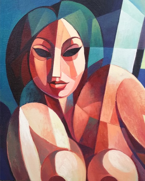 Waiting (50x50cm, cubism, oil painting, ready to hang)