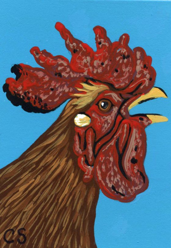 ACEO ATC Original Miniature Painting Rooster Chicken Farmyard Art-Carla Smale