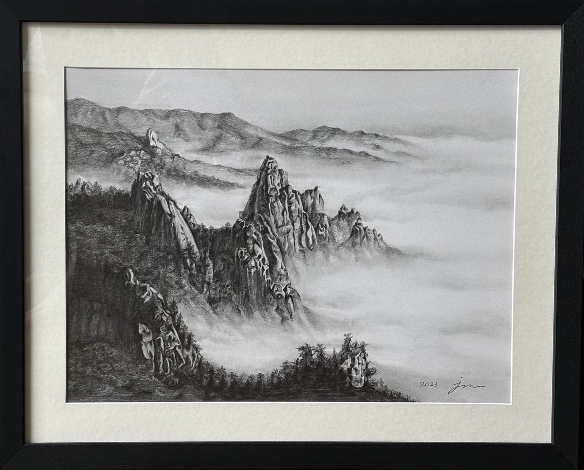 Photorealistic Landscape Pencil Drawing By Sun-Hee Jung, 21 X 17", Mountains In Korea, Original Artwork