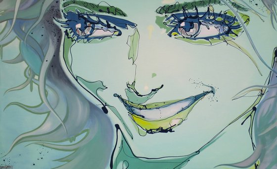 Beautiful soft green female face in pop art: Biadice