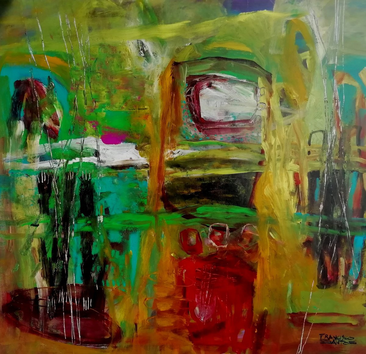 Organic Abstract Acrylic Painting By Francisco Santos, 24 X 24, The Last Flight, Original Artwork