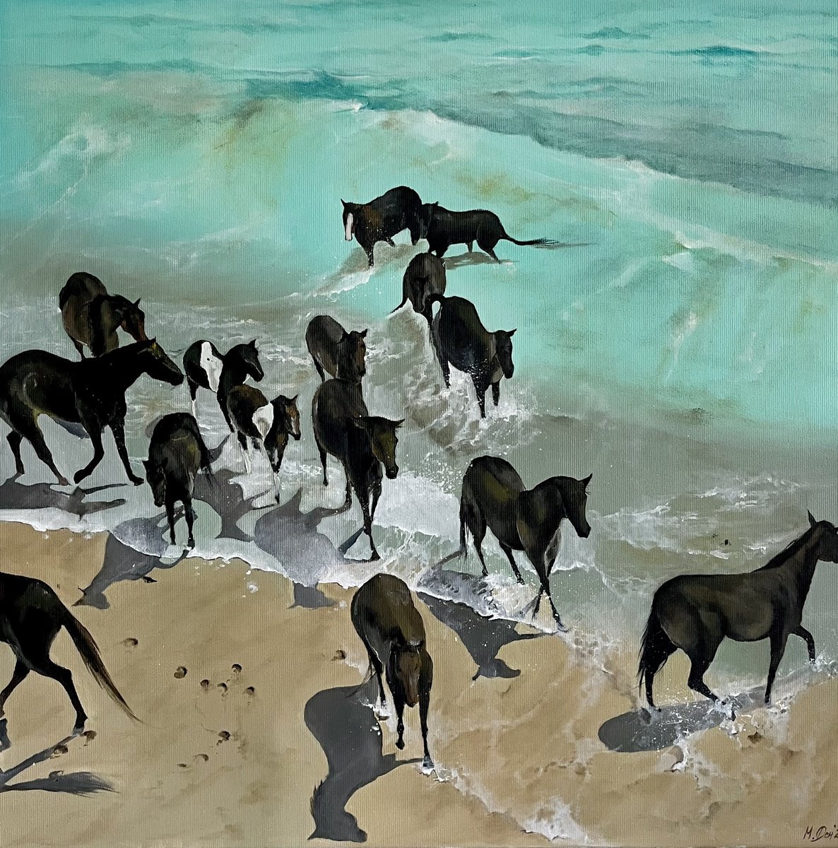 Photorealistic Animal Oil Painting By Myroslava Denysyuk, 20 X 20", Wild Horses 50X50 Cm, Original Artwork