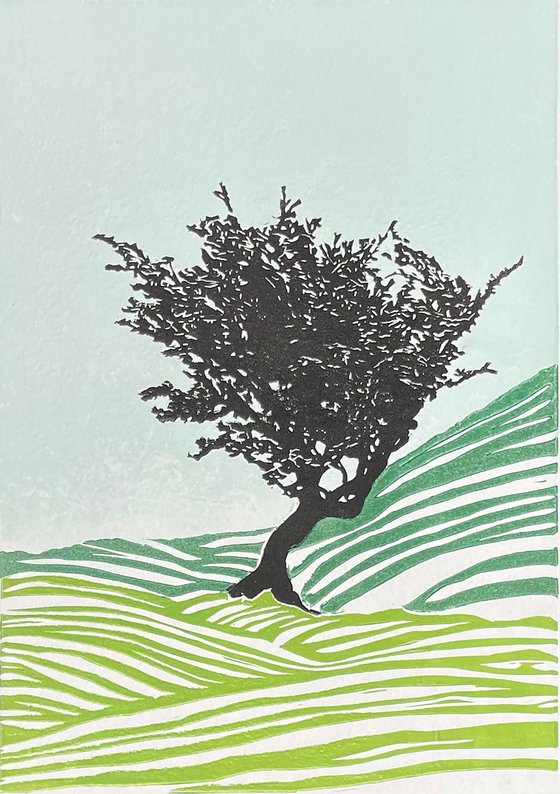 Windswept - Lone Tree Linocut