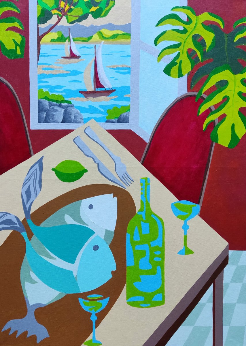 Urban And Pop Still Life Acrylic Painting By Vamosi Peter, 20 X 28", Still Life With Fish 3., Original Artwork