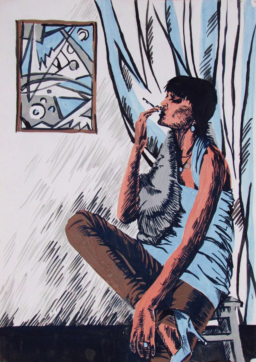 Illustrative Portrait Painting By Kateryna Bortsova, 12 X 17", Smoking Girl Original Portrait, Original Artwork