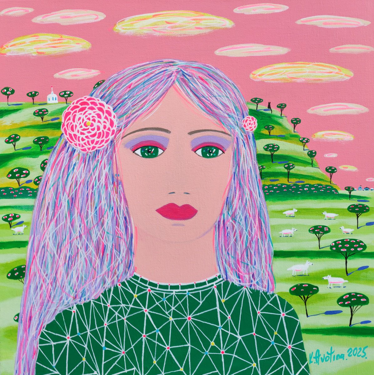Impressionistic Portrait Acrylic Painting By Katrina Avotina, 16 X 16", Girl Who Lived In Pastel Sky, Original Artwork