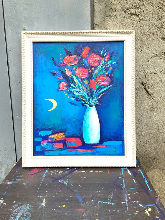 Flowers in the vase and rising moon