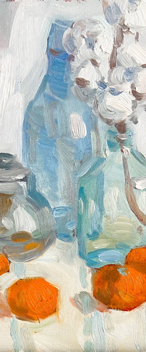 Still life with cotton and tangerines (2) by Nataliia Nosyk