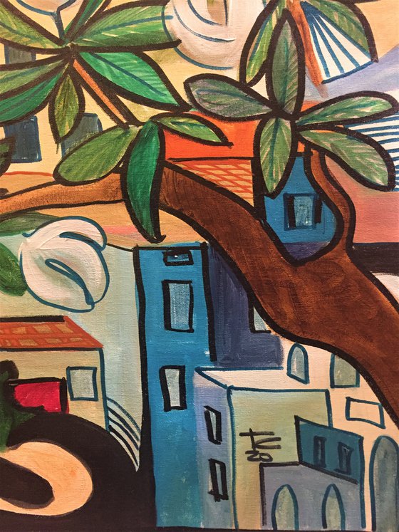 Amalfi from magnolia tree - original acrylic on canvas - 60 x 60 cm / 24' x 24' inches