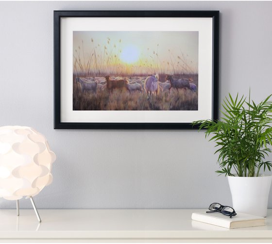 Herd of goats in the sunset   -  goat painting - rural life - country landscape