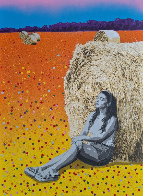 "Bliss" - Contemporary vibrant bales meadow landscape splatters of spray paint Urban Graffiti Pop Art style artwork with Girl resting against a bale in a meadow.