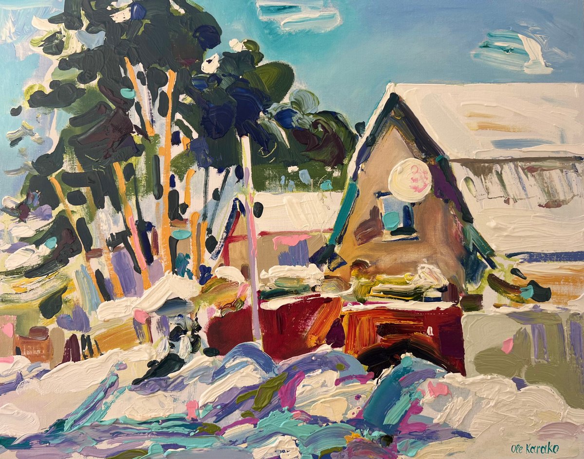 Impressionistic Landscape Oil Painting By Ole Karako, 20 X 16", Winter Day In Irpin, Original Artwork