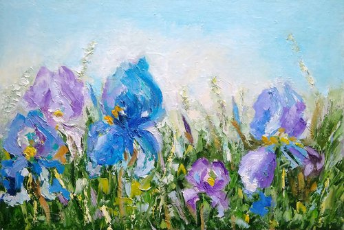 Iris Painting Floral Original Art Meadow Artwork Flower Wall Art by Yulia Berseneva