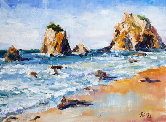 Atlantic cost. Portugal. Study. Original oil painting. Small size portugal beach rocks yellow blue nature landscape impressionism decor interior