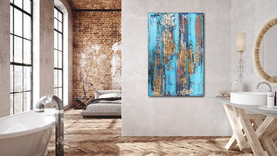 BLUE STREAM - 120 x 80 CM - TEXTURED ACRYLIC PAINTING ON CANVAS * BLUE * GOLD