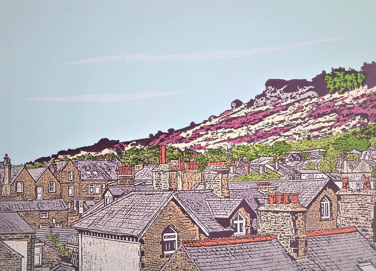 Landscape Screenprint By Talia Russell, 28 X 39", Ilkley Rooftops To Cow & Calf, Original Artwork