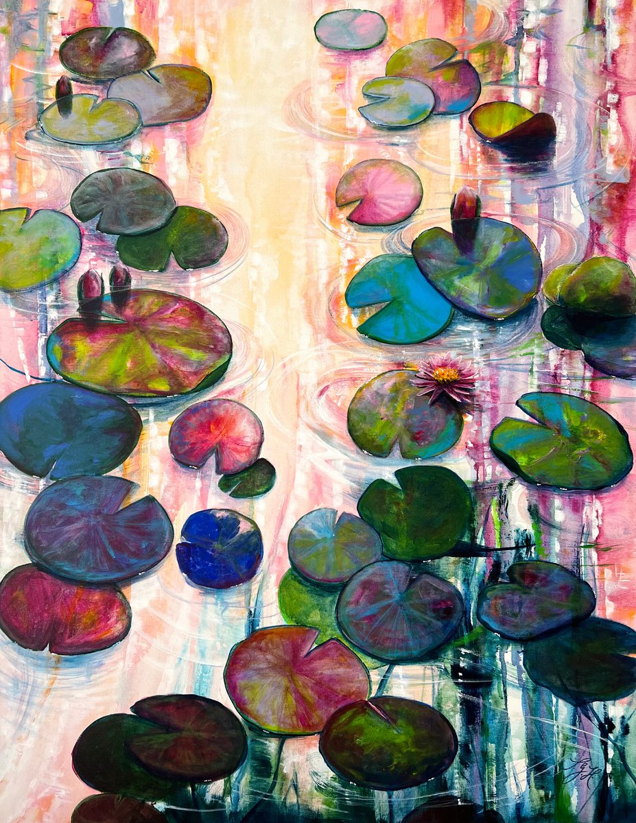 Impressionistic Botanical Acrylic Painting By Sandra Gebhardt-Hoepfner, 28 X 35", Waterlilies At Sunset 3, Original Artwork