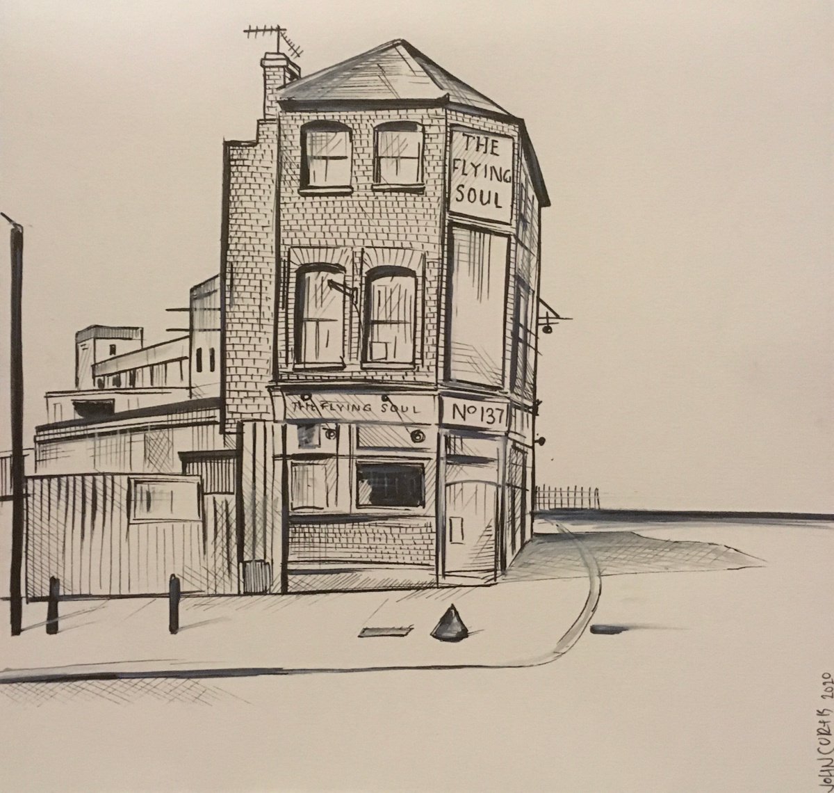 Illustrative Cityscapes Ink Drawing By John Curtis, 8 X 7, Abandoned Pub-The Flying Soul, Original Artwork