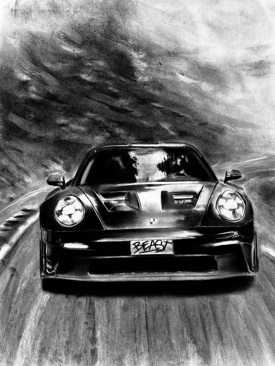 Photorealistic Transport Charcoal Drawing By Denny Stoekenbroek, 20 X 26, Unleash The Beast, Original Artwork