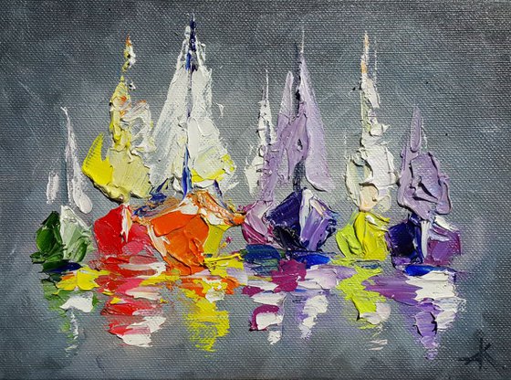 Quiet harbor. Oil painting landscape yacht original painting sea with yachts modern painting Impressionism made by palette knife