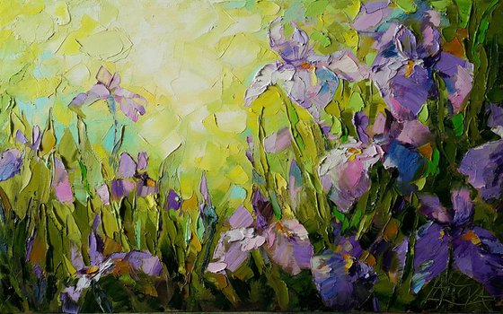 Oil Original Painting " Field Irises" Impasto flowers on canvas, palette knife