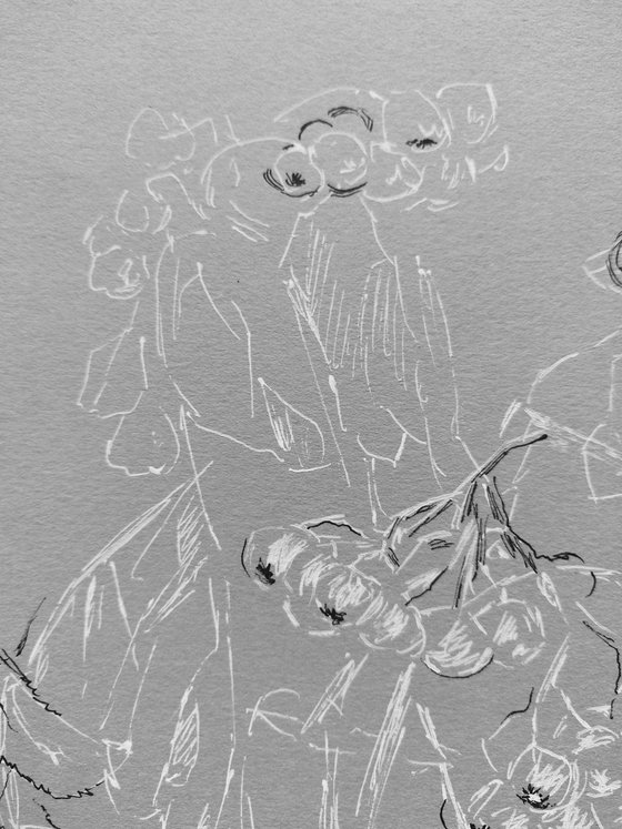 Autumn berries. Drawing in white end black ink on gray paper.