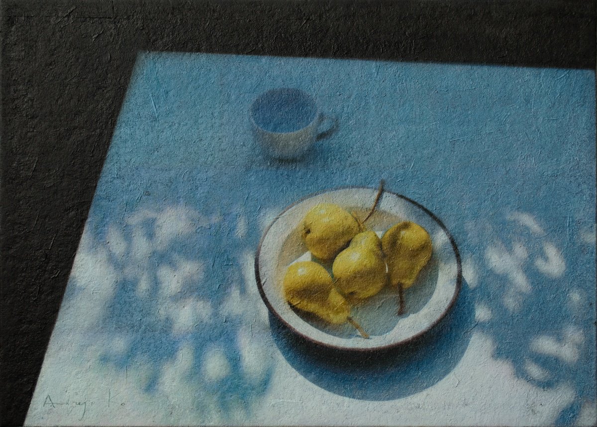 Photorealistic Still Life Acrylic Painting By Andrejs Ko, 28 X 20, Ripe Pears And An Empty Cup, Original Artwork