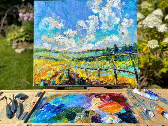 Fields - Yellow mood, 50*60 cm, impasto impressionistic landscape oil painting in yellow and blue colours